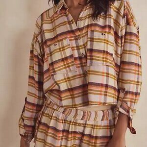 Free People Wrapped In Flannel Set Cropped Plaid Printed Shorts Top M